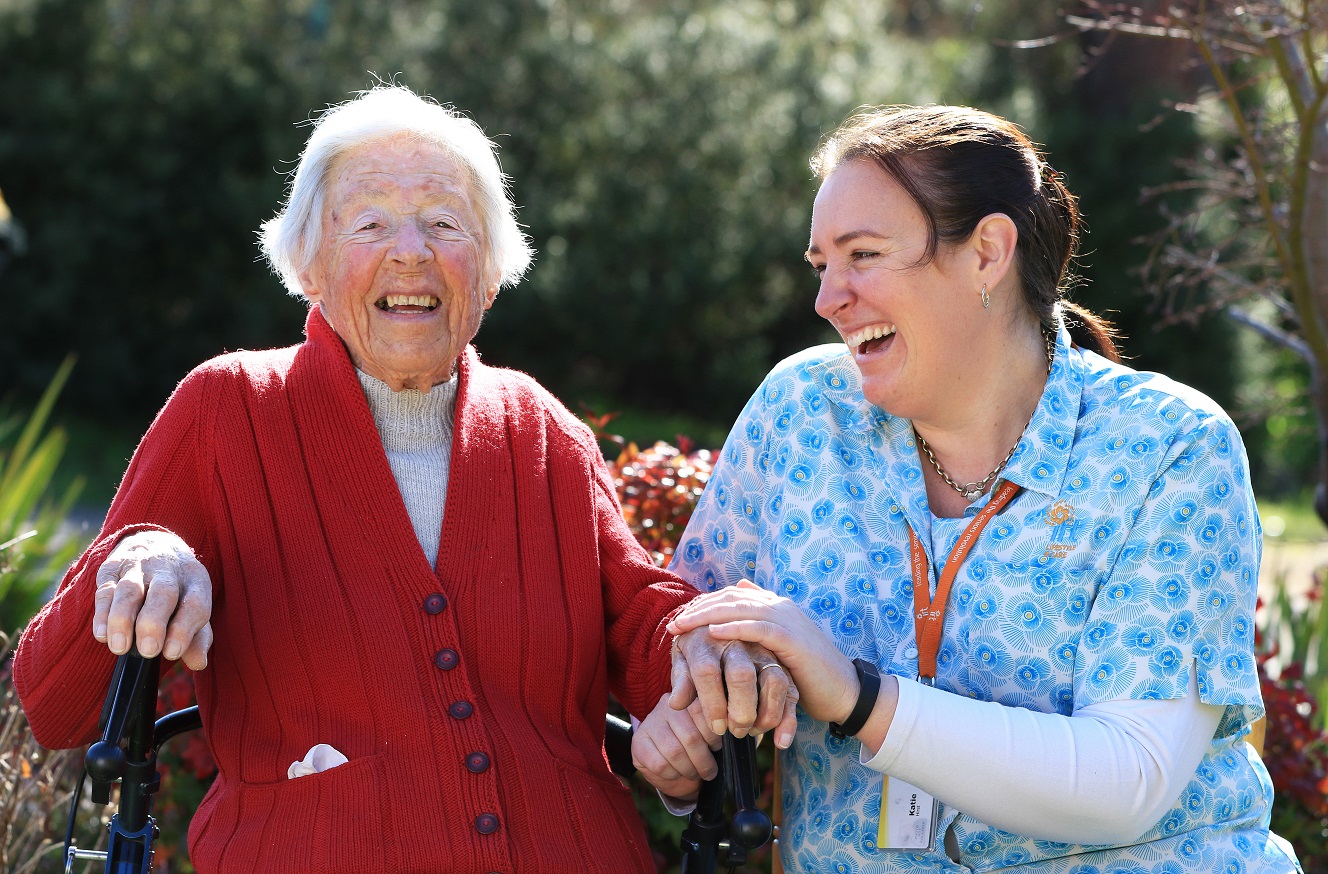 Home care customer Sheilah Barrie with home care worker Katie Hirst.